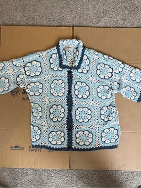 Nostalgia Light Blue White and Navy Crochet Cardigan